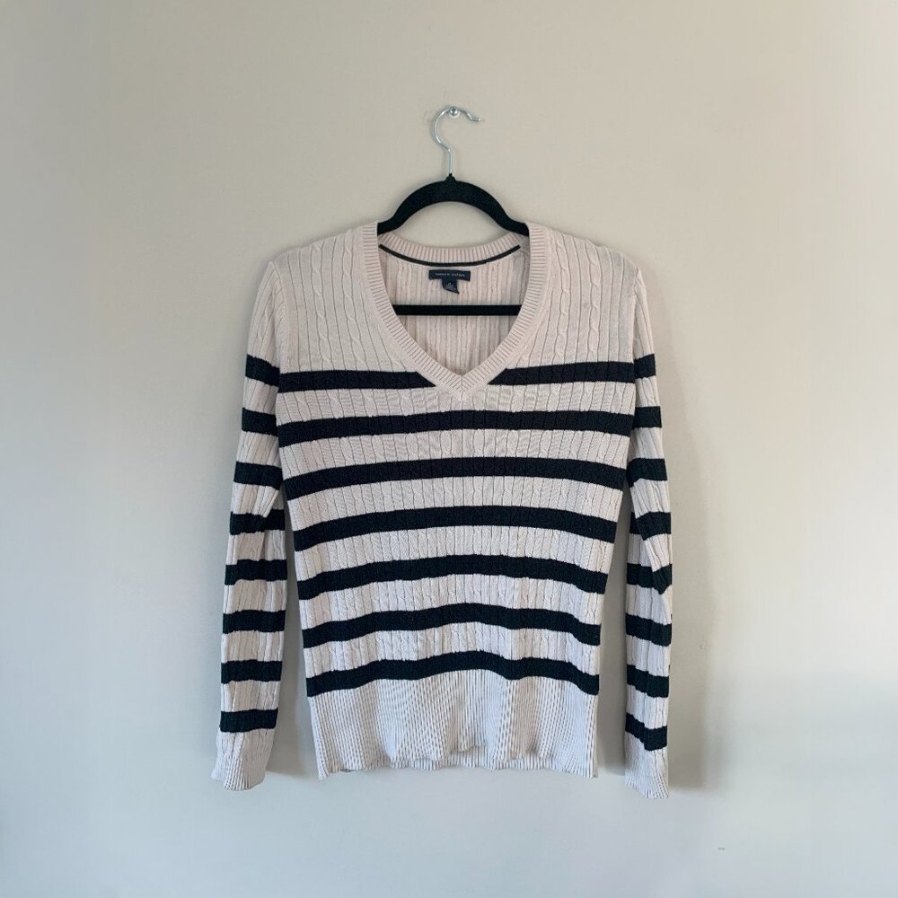 Cream White & Black Tommy Hilfiger Striped Long Sleeve V-Neck Sweater